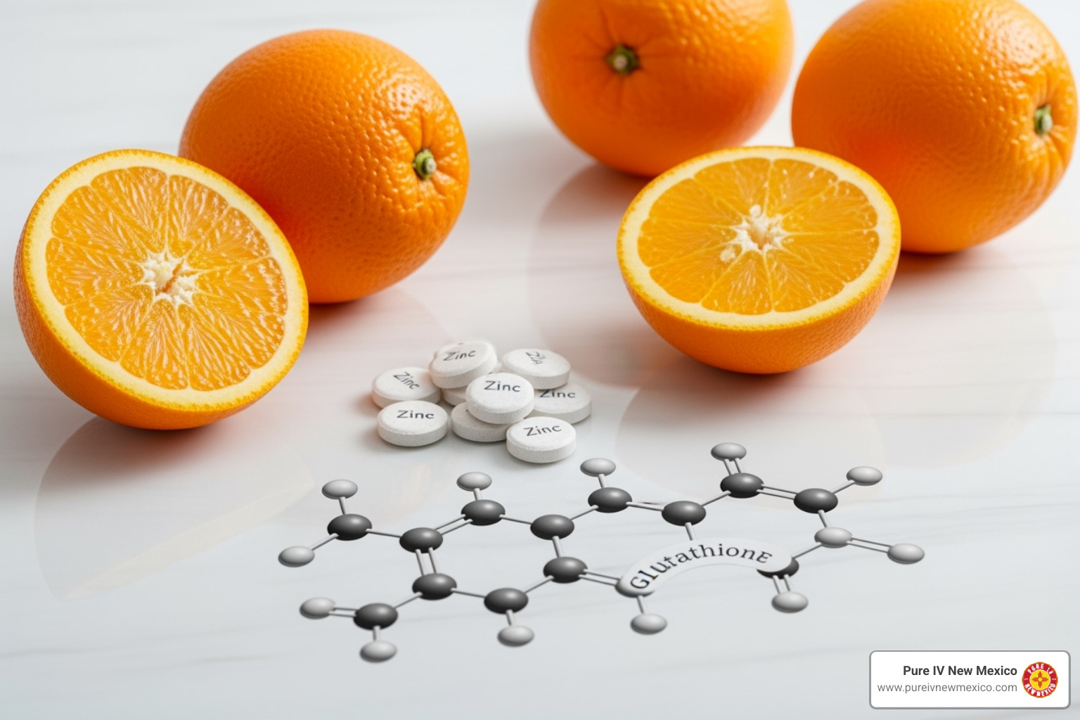 key immune-boosting nutrients like oranges (Vitamin C), zinc tablets, and a glutathione molecule diagram - immune support iv therapy near me