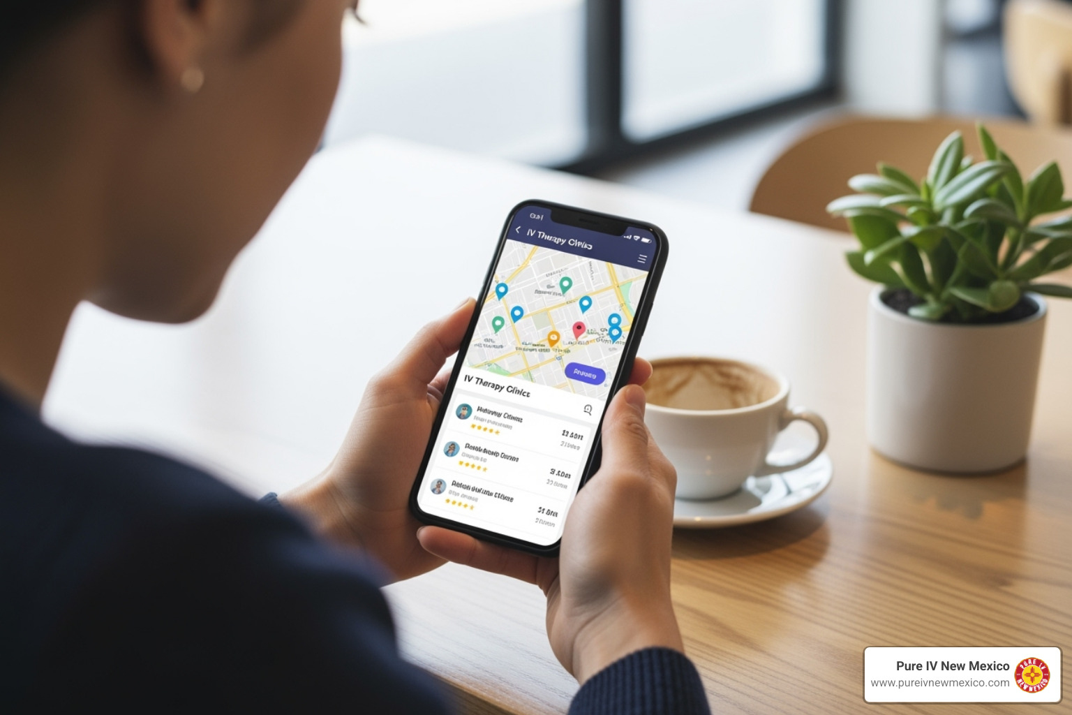 person using a smartphone to search for local IV therapy clinics - immune support iv therapy near me