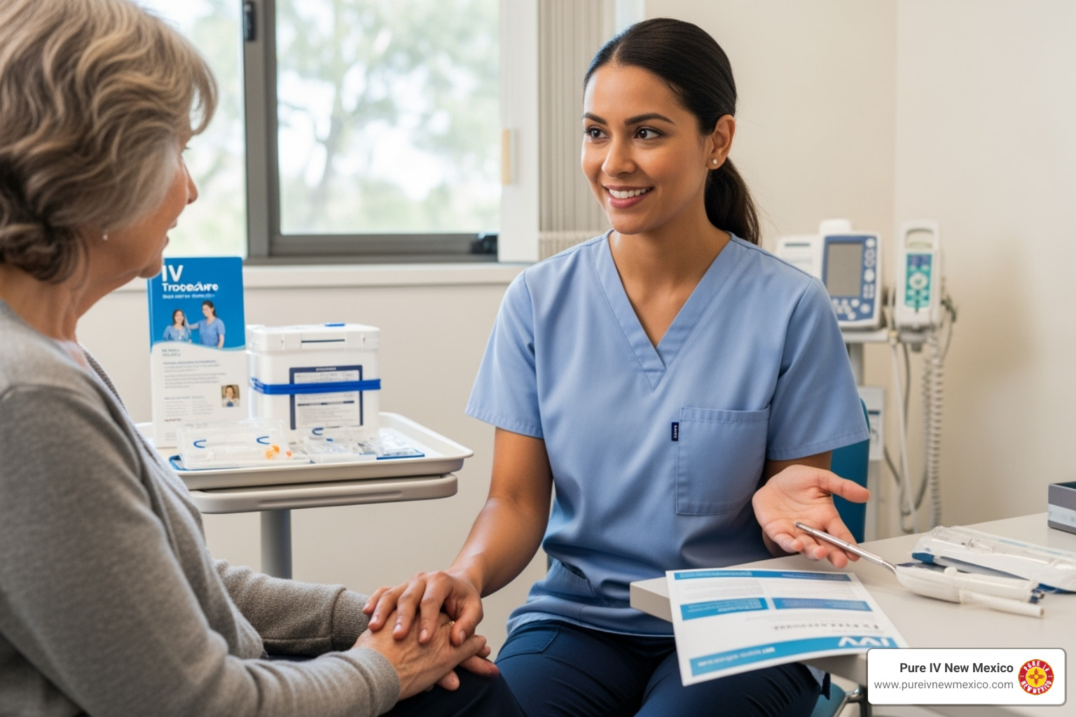 friendly, professional nurse consulting with a patient before an IV session - immune support iv therapy near me