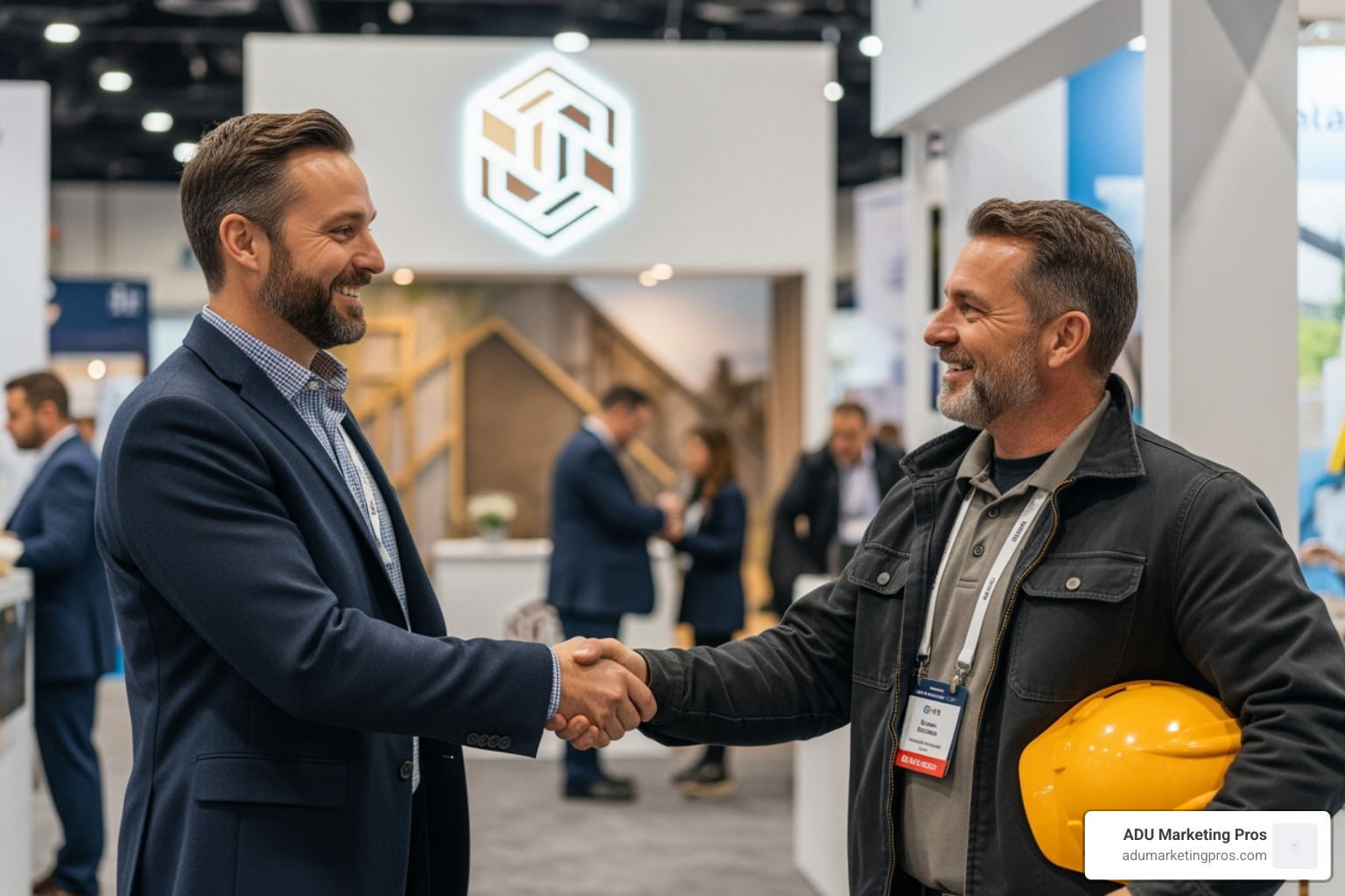 Two professionals, an architect and a contractor, shaking hands warmly at an industry trade show in front of a branded booth - construction project marketing