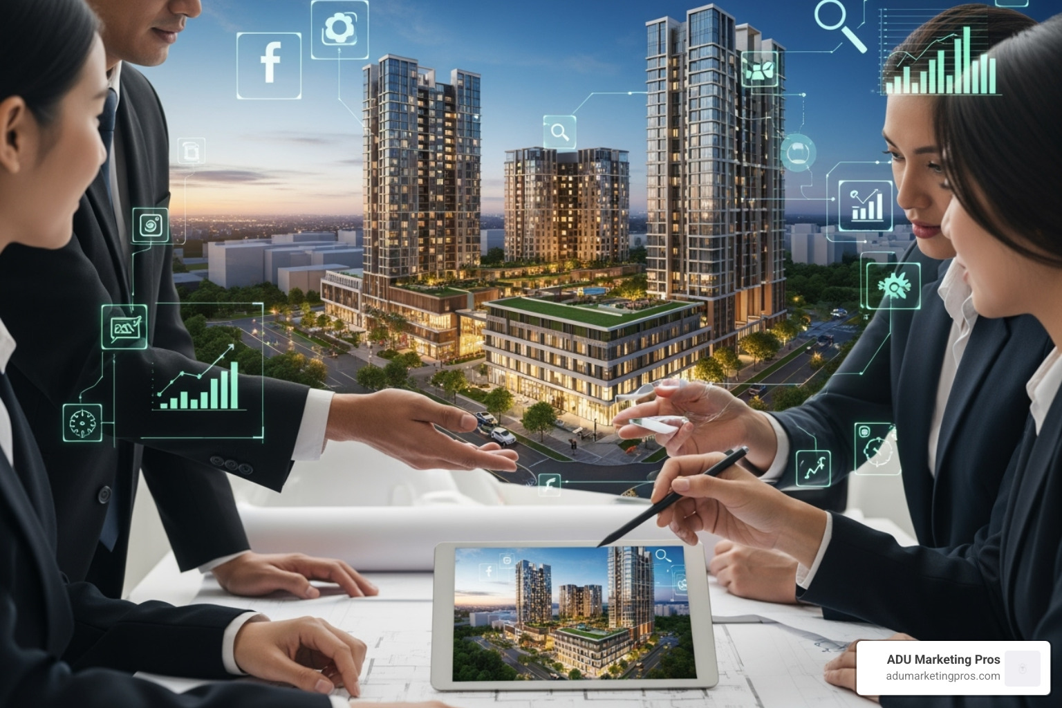 A digital marketing dashboard on a laptop, showing positive growth in website traffic, leads, and social media engagement for a construction firm - construction project marketing
