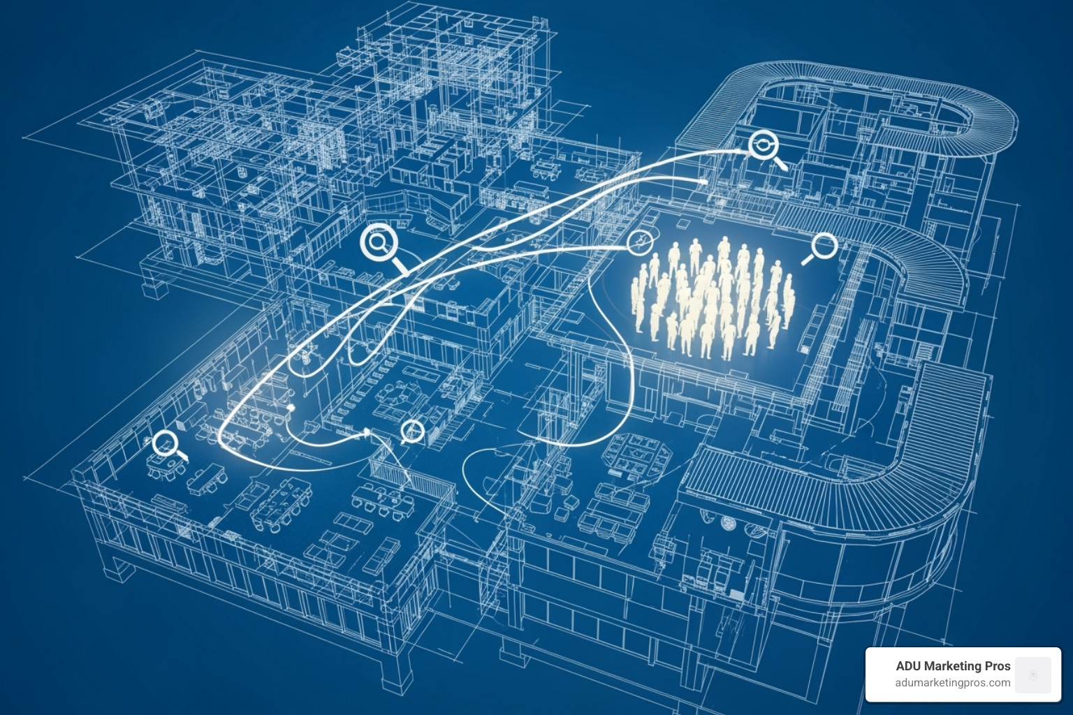 A detailed construction blueprint, with marketing plan elements like "Buyer Persona" and "SEO Strategy" integrated into the design - construction project marketing