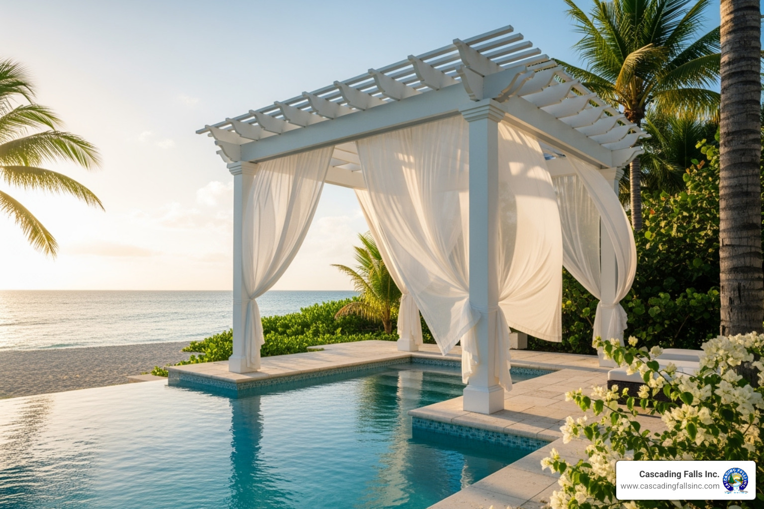 A white pergola with flowing white curtains next to a pool, creating a serene coastal ambiance - architectural pergola designs A white pergola with flowing white curtains next to a pool, creating a serene coastal ambiance - architectural pergola designs