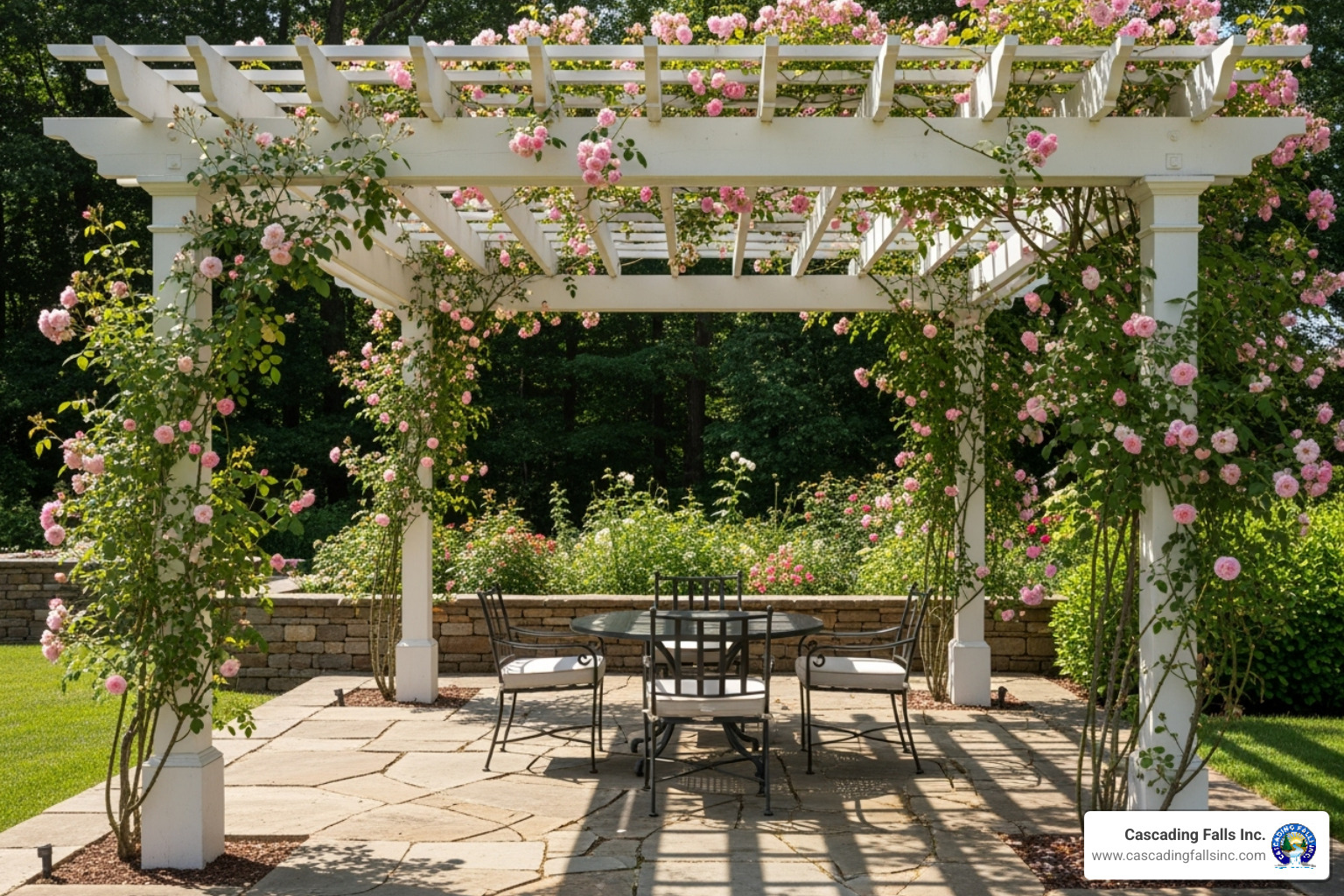 A classic white wood pergola with climbing roses over a stone patio, exuding traditional charm - architectural pergola designs A classic white wood pergola with climbing roses over a stone patio, exuding traditional charm - architectural pergola designs