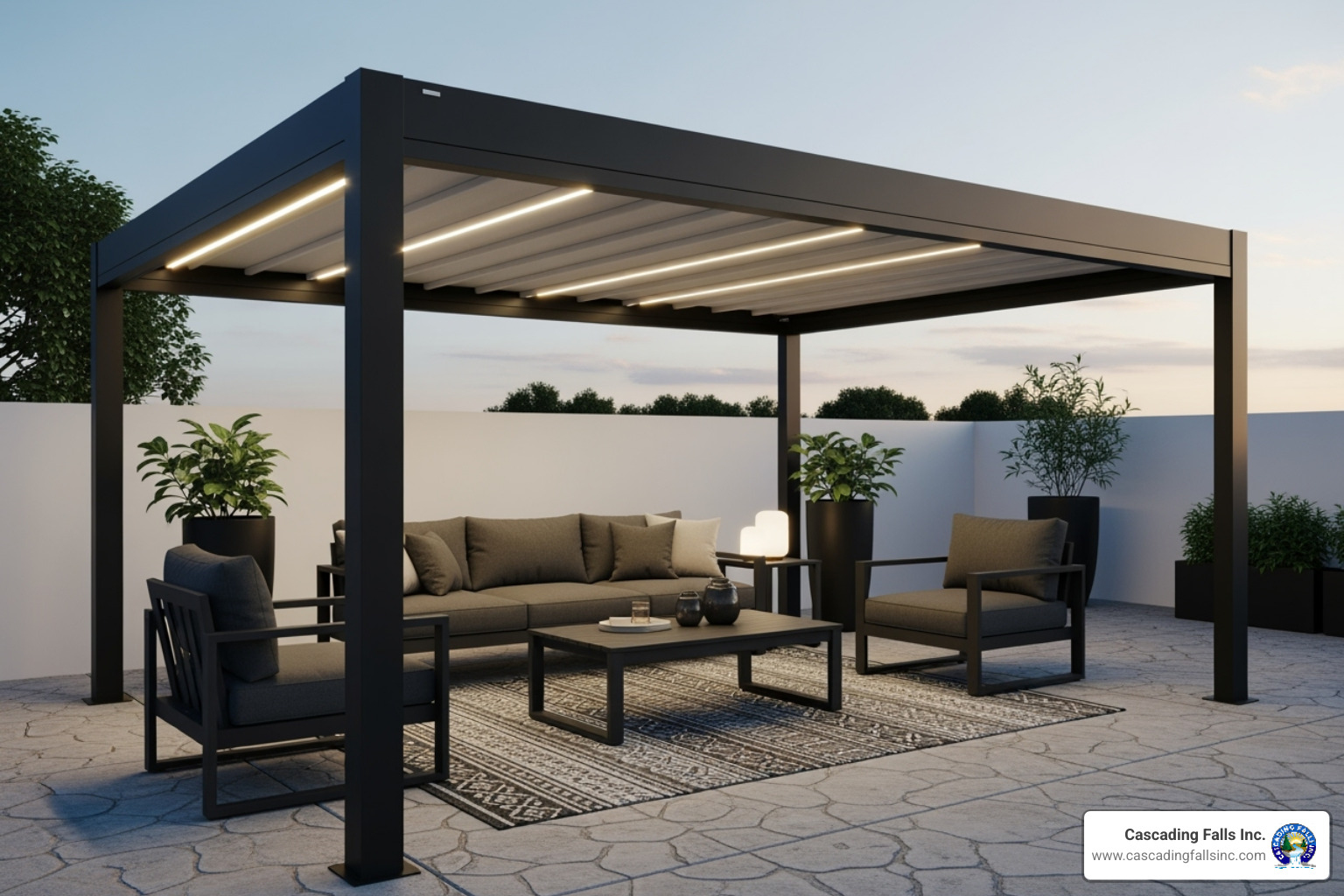 A sleek, black metal pergola with minimalist furniture, offering a modern outdoor living space - architectural pergola designs A sleek, black metal pergola with minimalist furniture, offering a modern outdoor living space - architectural pergola designs
