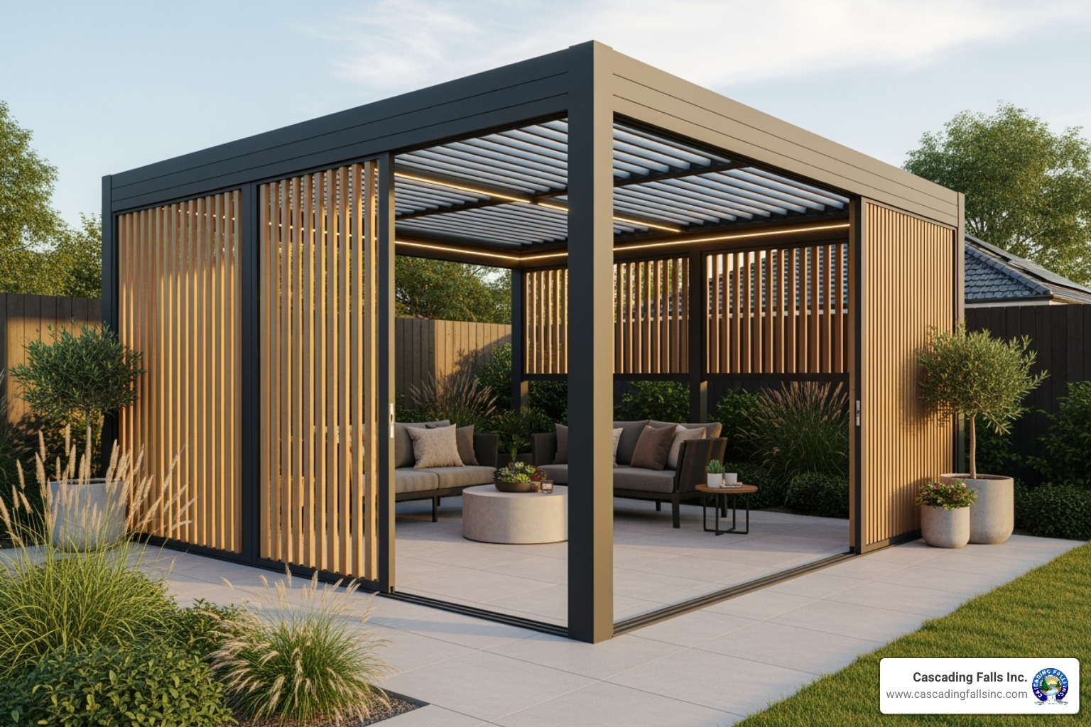 A modern pergola with a louvered roof system and integrated privacy screens, showcasing advanced customization - architectural pergola designs A modern pergola with a louvered roof system and integrated privacy screens, showcasing advanced customization - architectural pergola designs