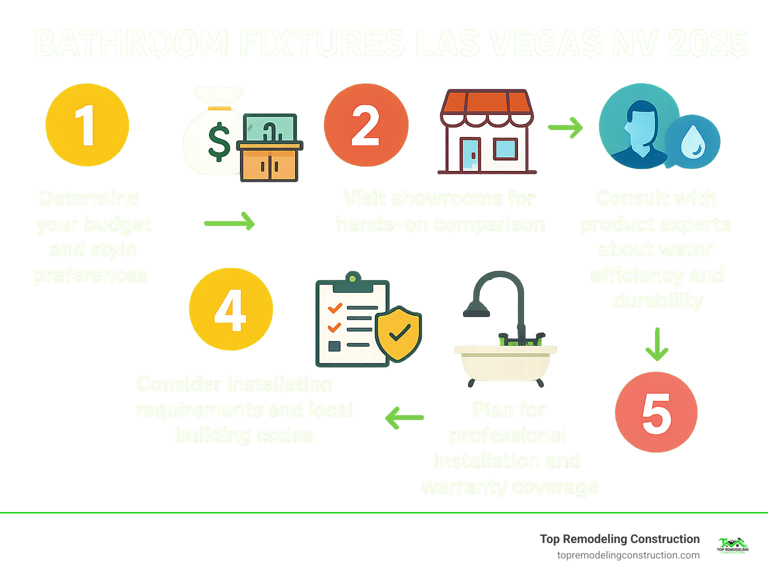 Infographic showing bathroom fixture selection process: 1) Determine your budget and style preferences, 2) Visit showrooms for hands-on comparison, 3) Consult with product experts about water efficiency and durability, 4) Consider installation requirements and local building codes, 5) Plan for professional installation and warranty coverage - Bathroom fixtures Las Vegas NV infographic 