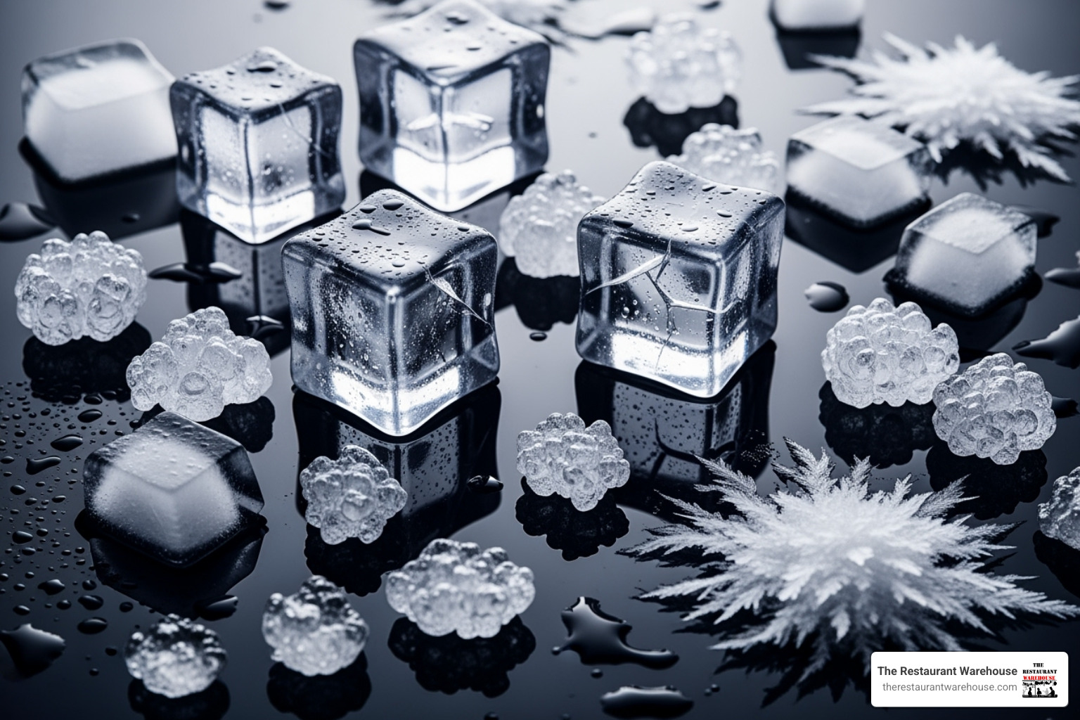 different ice cube shapes like cube, nugget, and flake on a dark surface - commercial ice maker