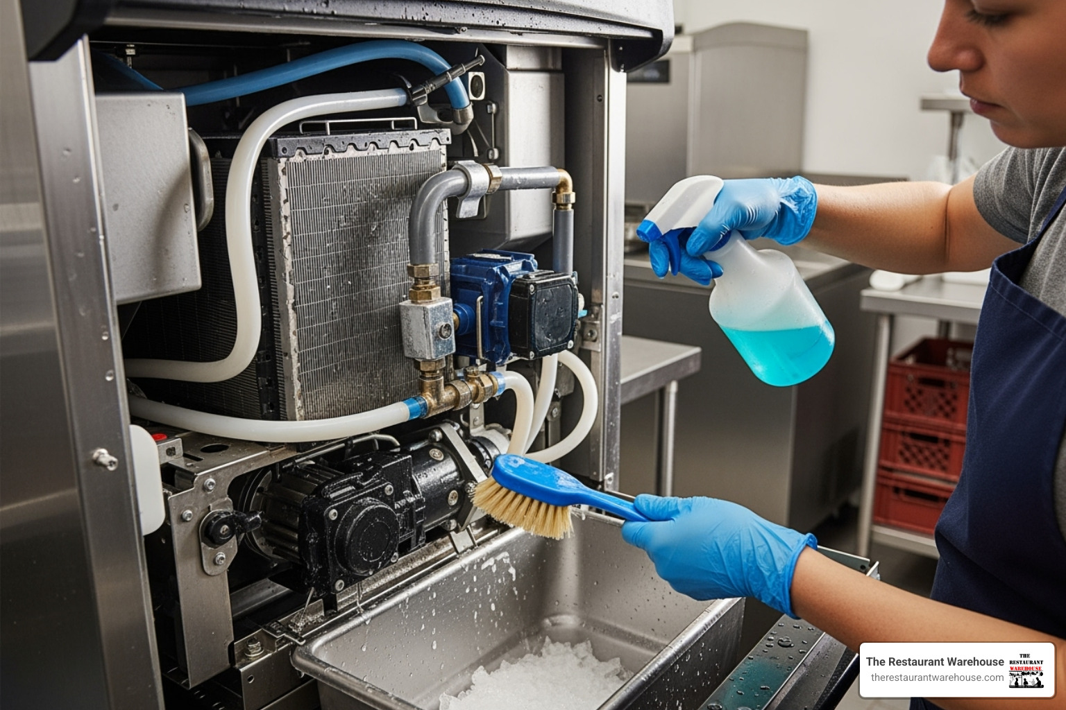 a person wearing gloves and cleaning an ice machine's interior components - commercial ice maker