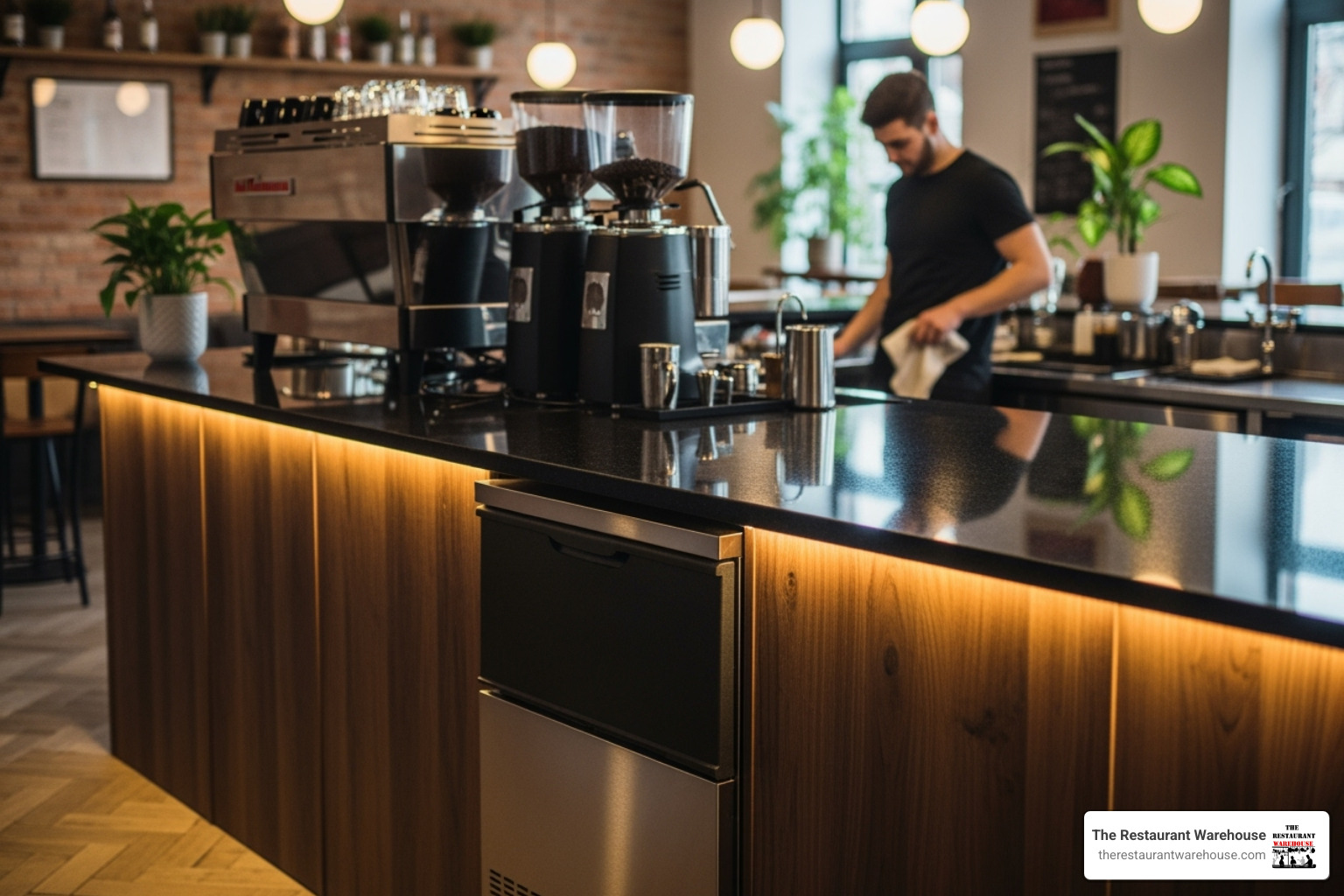 featured undercounter ice maker neatly installed in a stylish cafe bar - commercial ice maker