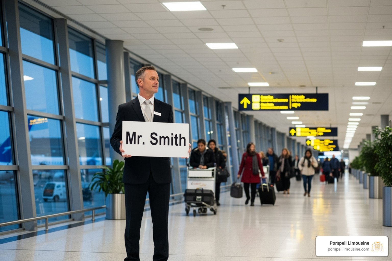 Chauffeur holding a sign for a client at an airport arrivals hall - business travel car service