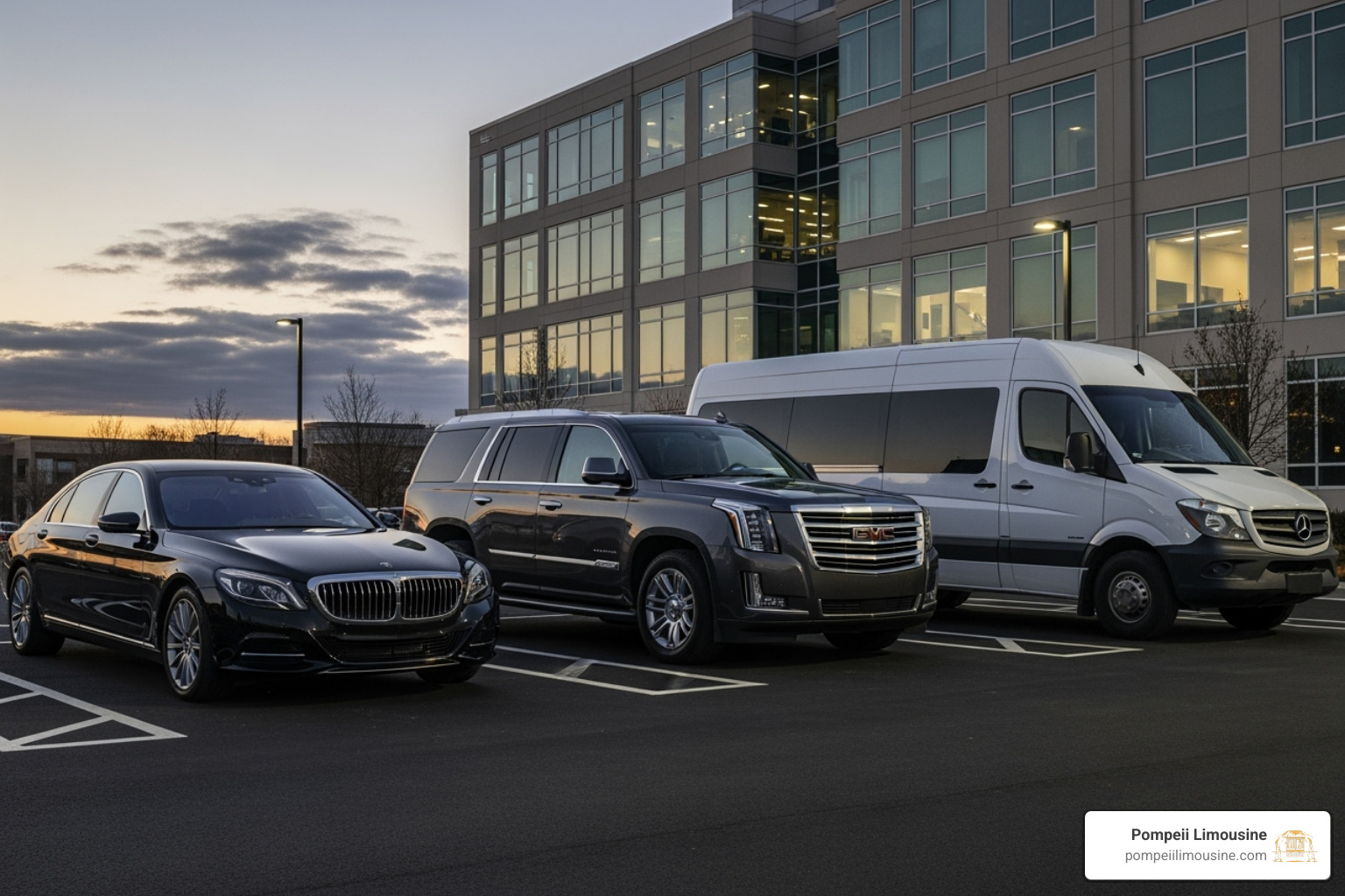 A diverse fleet including a luxury sedan, an SUV, and a sprinter van - business travel car service