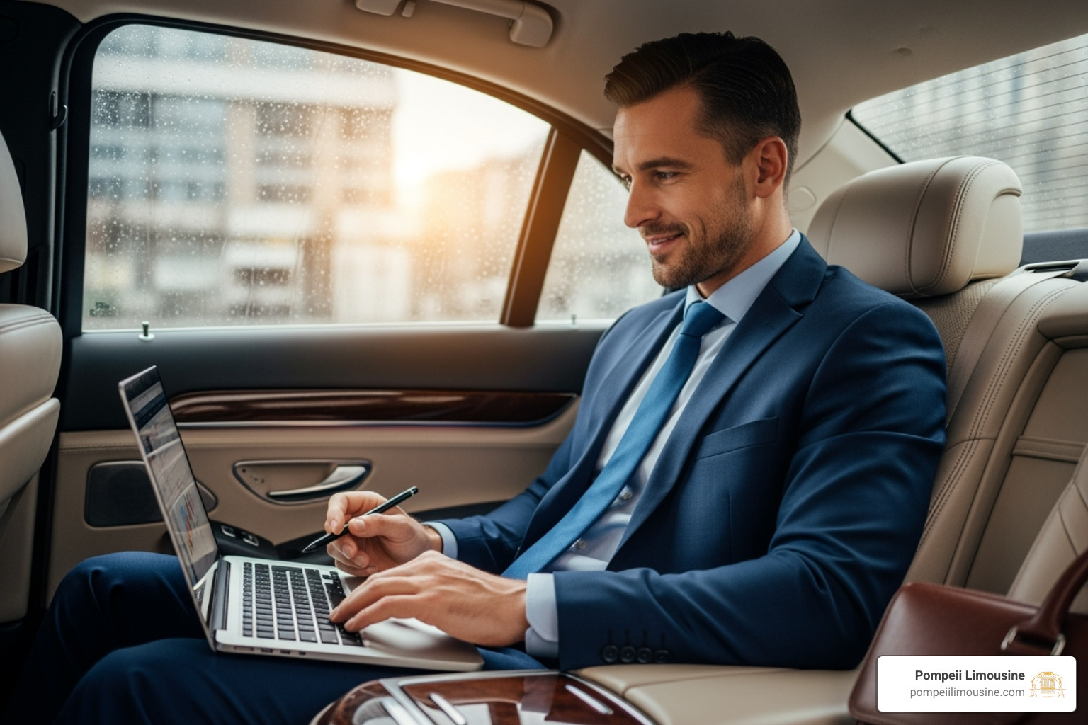 Satisfied business traveler working on a laptop in the back of a luxury car - business travel car service