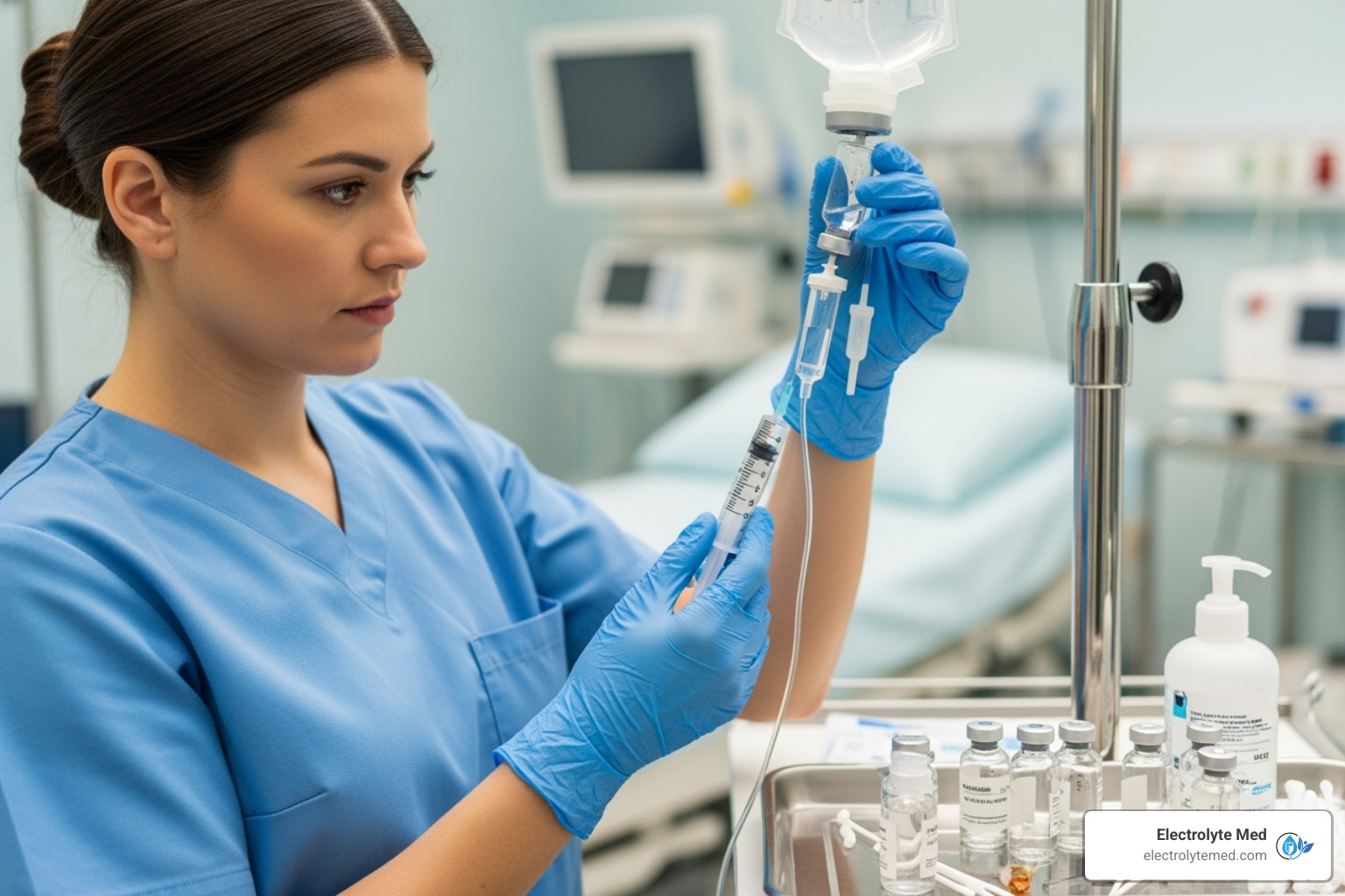 nurse preparing IV drip with add-on vials - cold and flu iv