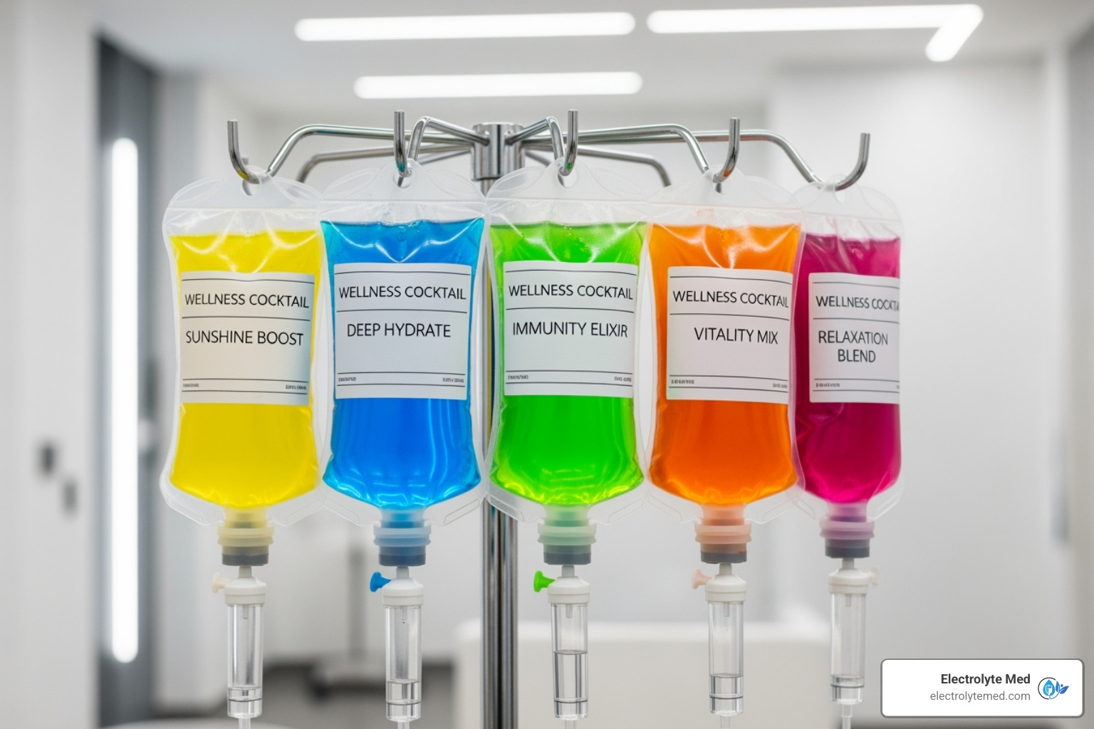 Colorful IV bags representing different cocktails - iv therapy los angeles