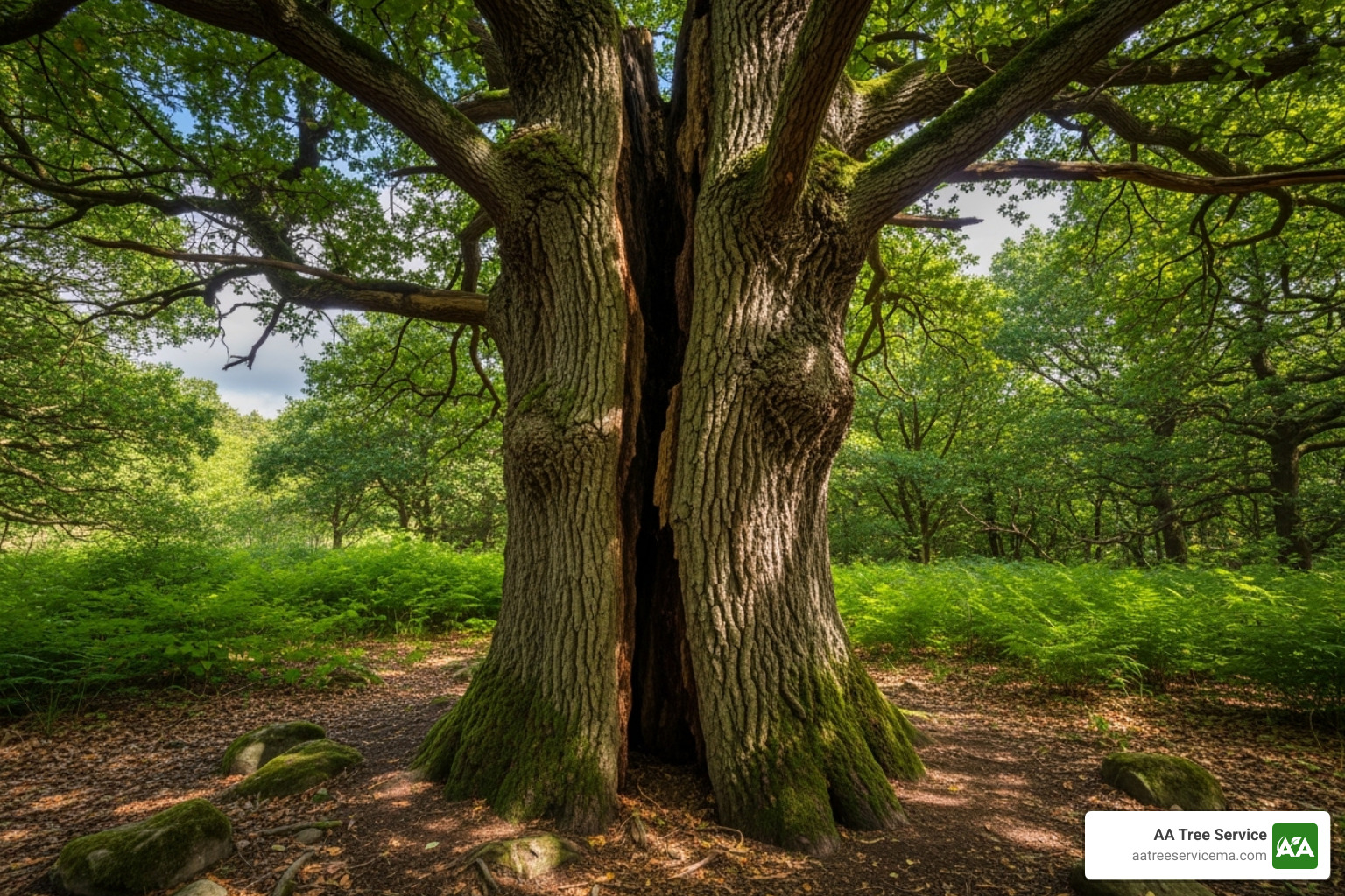 large tree with a visible crack down the trunk - tree care company near me