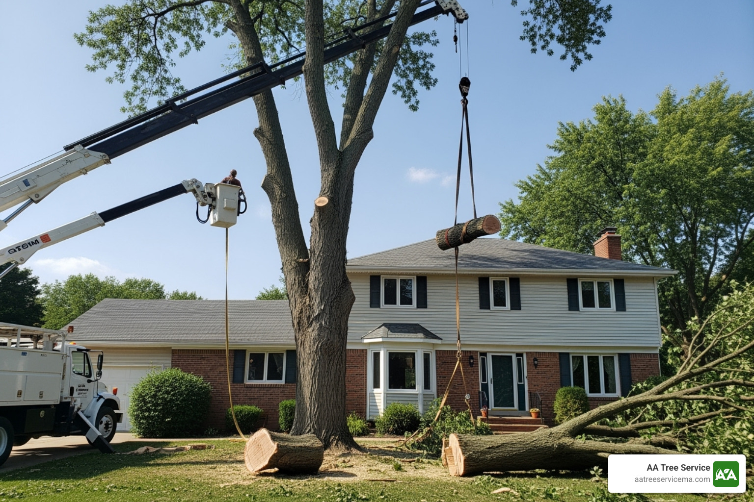 professional crew safely removing a large tree near a house - tree care company near me
