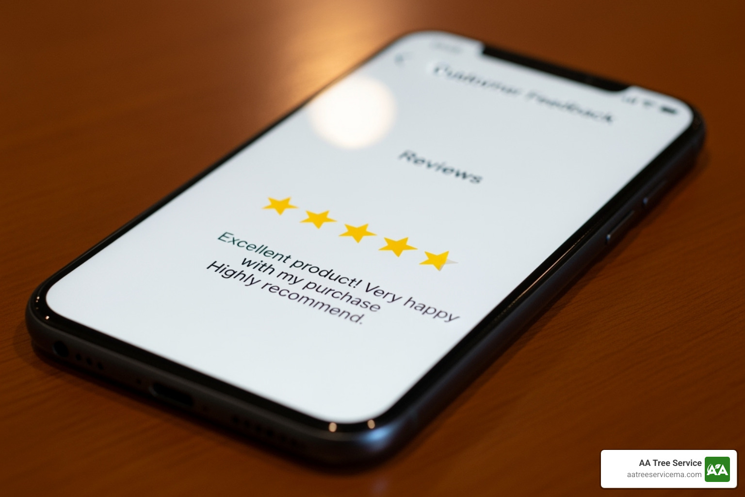 positive customer review on a smartphone screen - tree care company near me