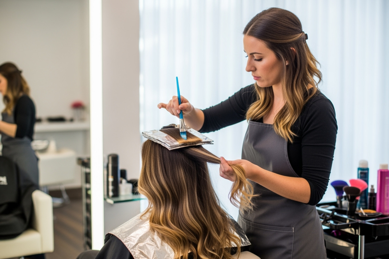 Hairstylist performing balayage - natural highlight techniques