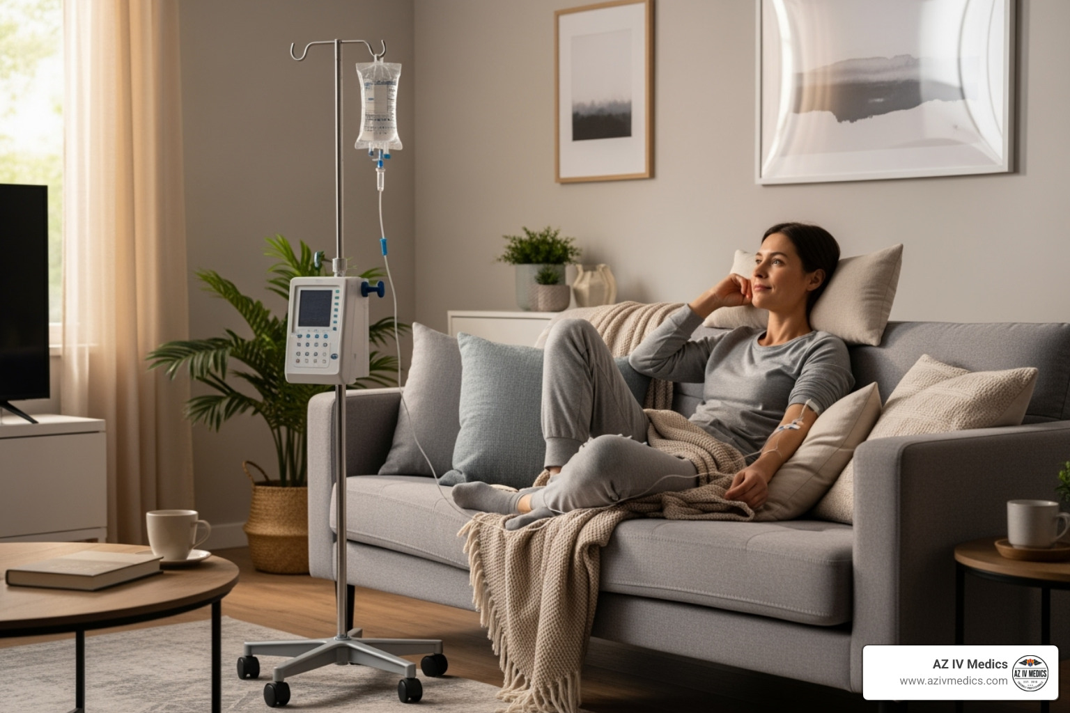 person relaxing on a couch during a mobile IV session - migraine iv