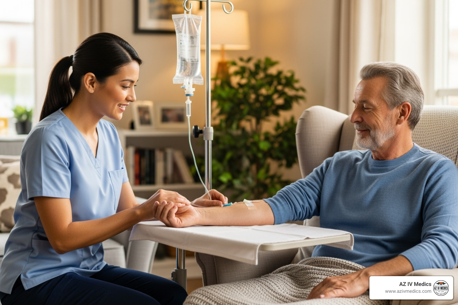 friendly nurse administering an IV to a patient at home - migraine iv