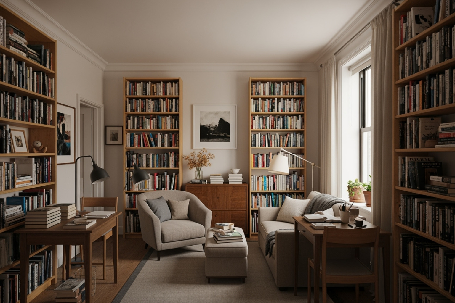 cozy apartment living room with bookshelves and a desk cozy apartment living room with bookshelves and a desk