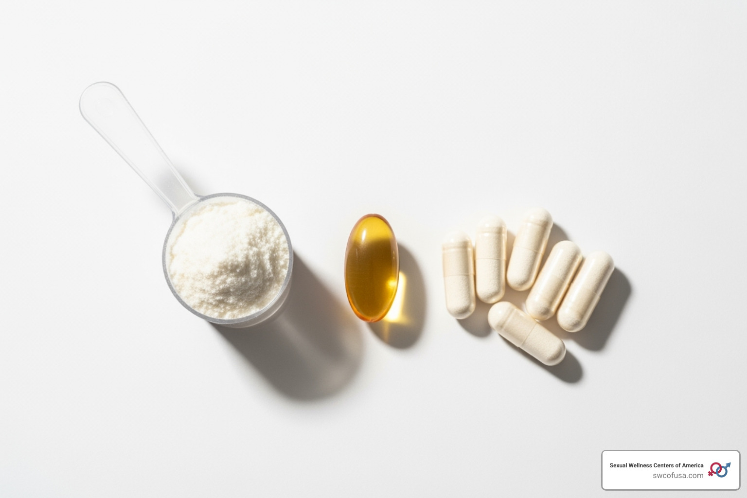 Peptide supplement forms including powder, capsules, and a liquid softgel on a clean background - peptide supplements for muscle growth Peptide supplement forms including powder, capsules, and a liquid softgel on a clean background - peptide supplements for muscle growth