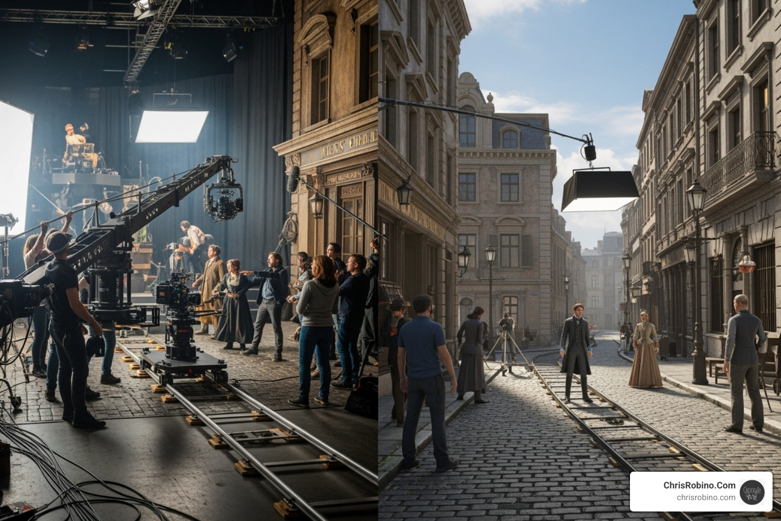 showing a side-by-side comparison of a real film set and a virtual set created with a game engine - media industry trends 2024