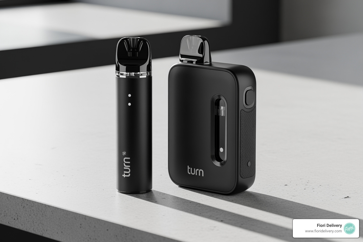 the sleek turn disposable pen and the PodPak system side-by-side on a modern tabletop - turn vape products