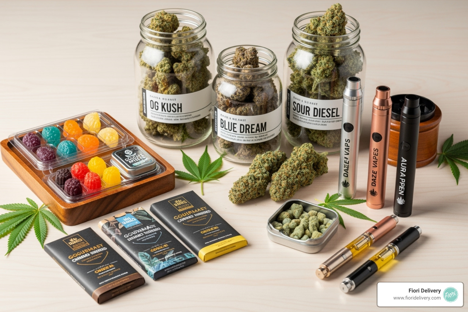 curated selection of cannabis products including flower, edibles, and vape pens - cannabis delivery store in sacramento
