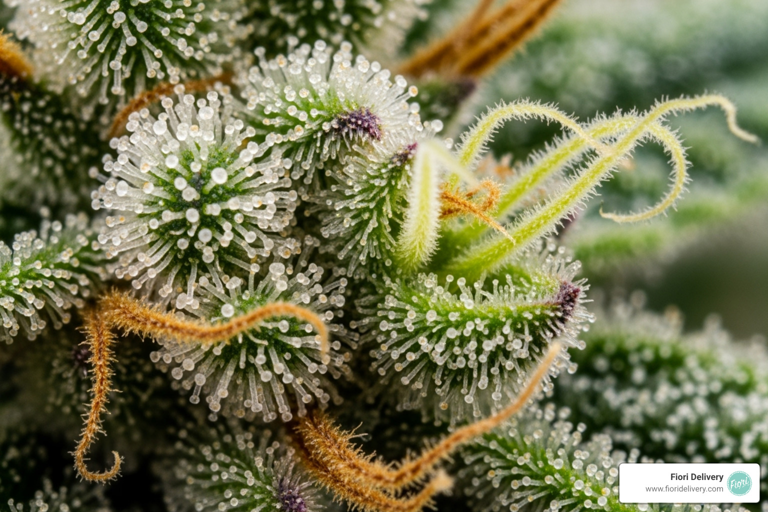 Close-up image of Godfather OG trichomes, highlighting the frosty appearance - godfather og cannabis