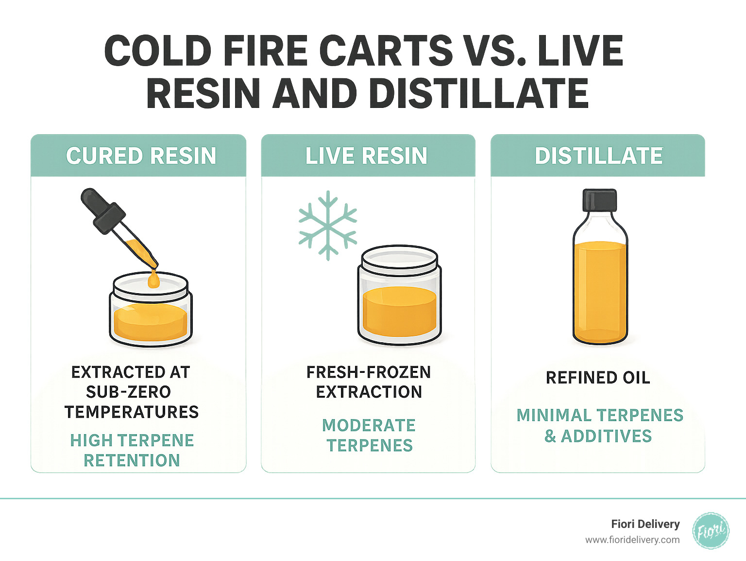 Infographic showing the differences between cured resin (Cold Fire's specialty - extracted at sub-zero temperatures with high terpene retention), live resin (fresh-frozen extraction with moderate terpenes), and distillate (refined oil with minimal terpenes and additives) - cold fire carts infographic 