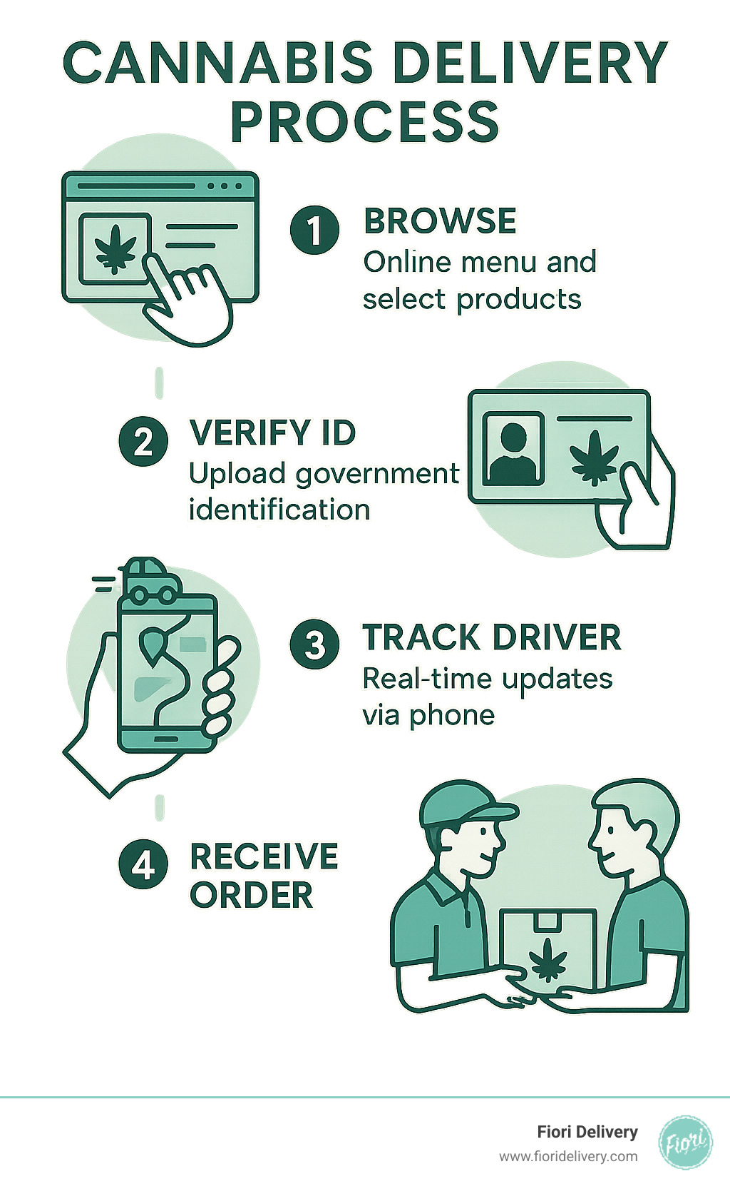 Infographic showing the 4-step cannabis delivery process: Browse Online menu and select products, Verify ID by uploading government identification, Track Driver with real-time updates via phone, and Receive Order - cannabis delivery store in sacramento infographic 