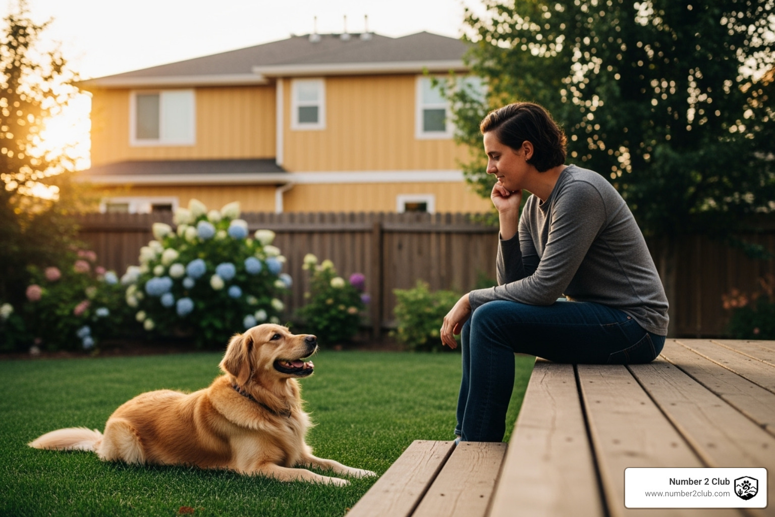 Person looking thoughtfully at their dog in the yard - Local dog waste removal