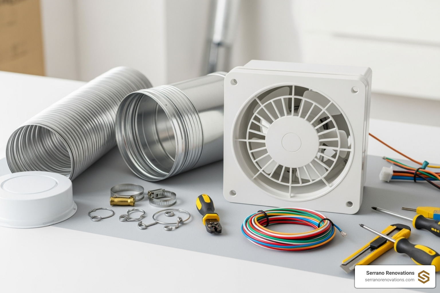bathroom exhaust fan next to a vent duct kit and some wiring - bathroom exhaust fan installation