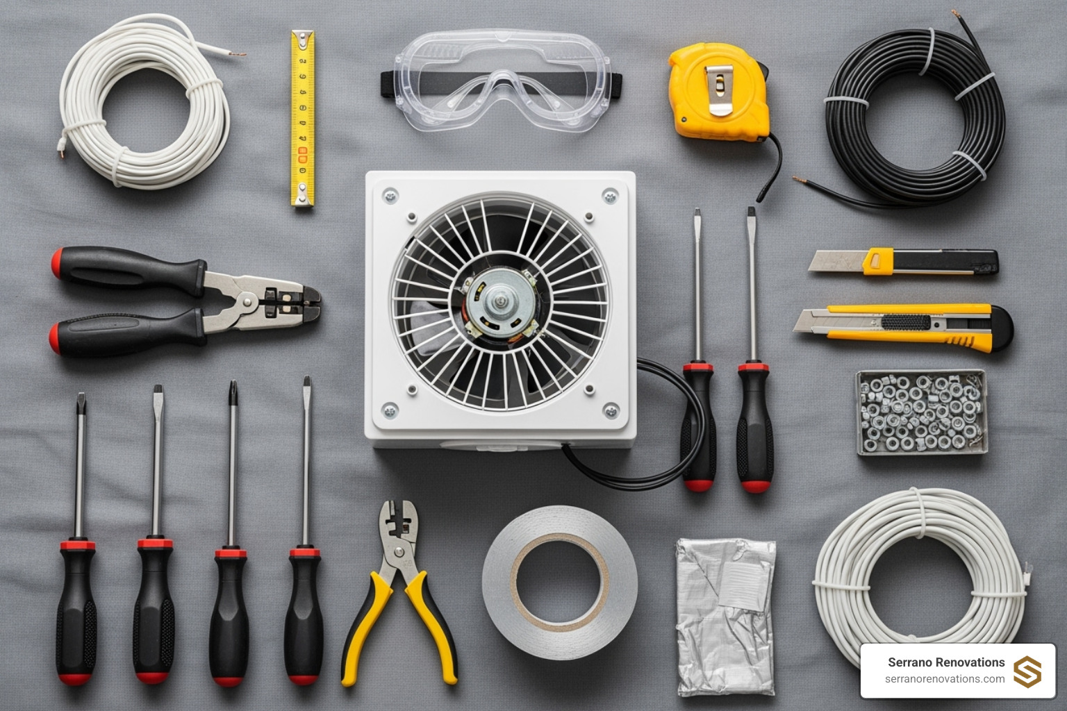 all the necessary tools and materials laid out neatly on a drop cloth - bathroom exhaust fan installation