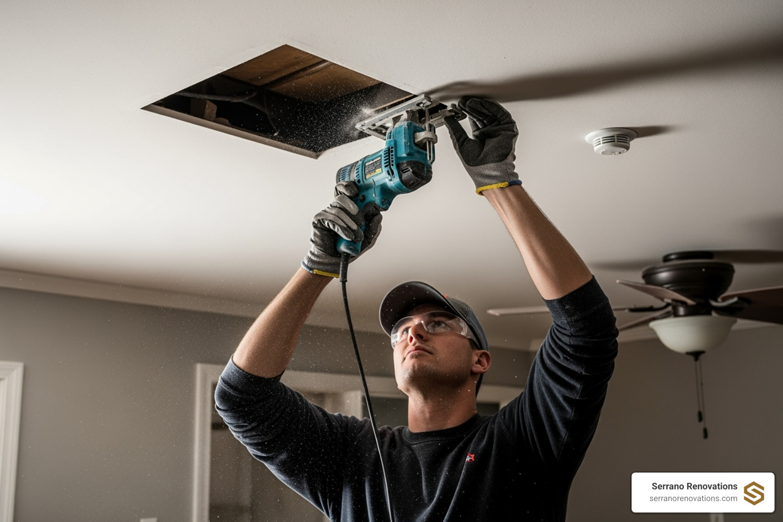 person safely cutting a hole in the ceiling using a jigsaw - bathroom exhaust fan installation
