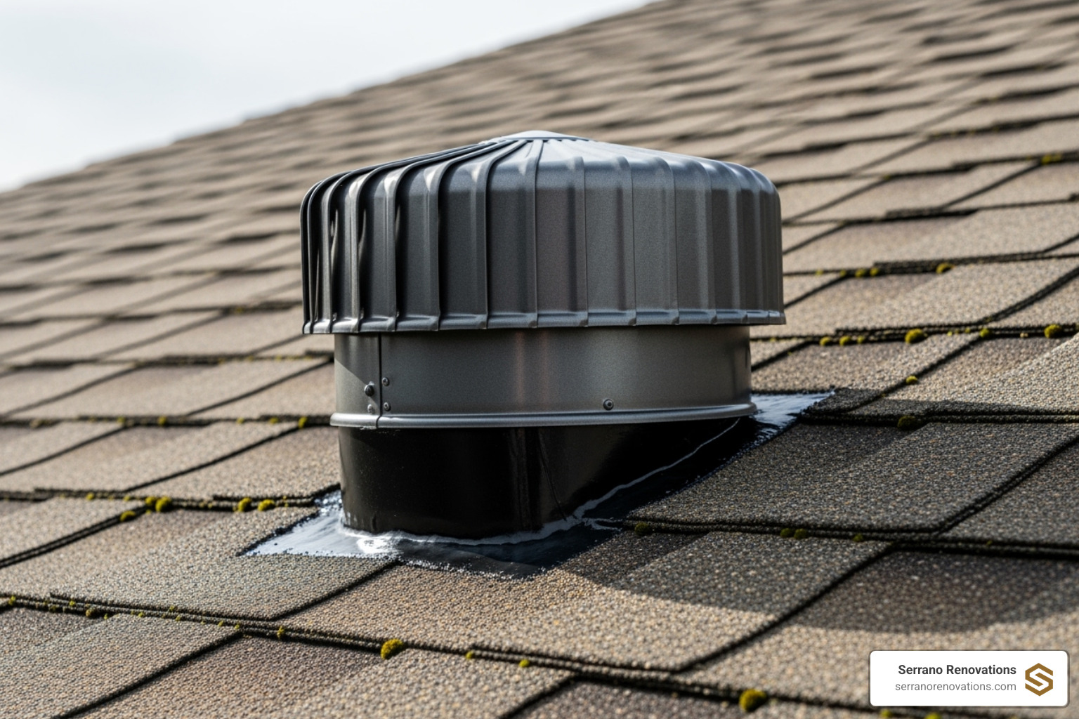 properly installed roof vent cap on a shingled roof - bathroom exhaust fan installation