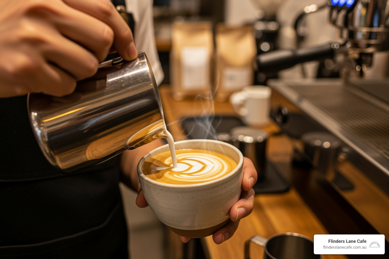 A barista pouring latte art into a coffee cup at Flinders Lane Cafe - all day breakfast Sunshine Coast