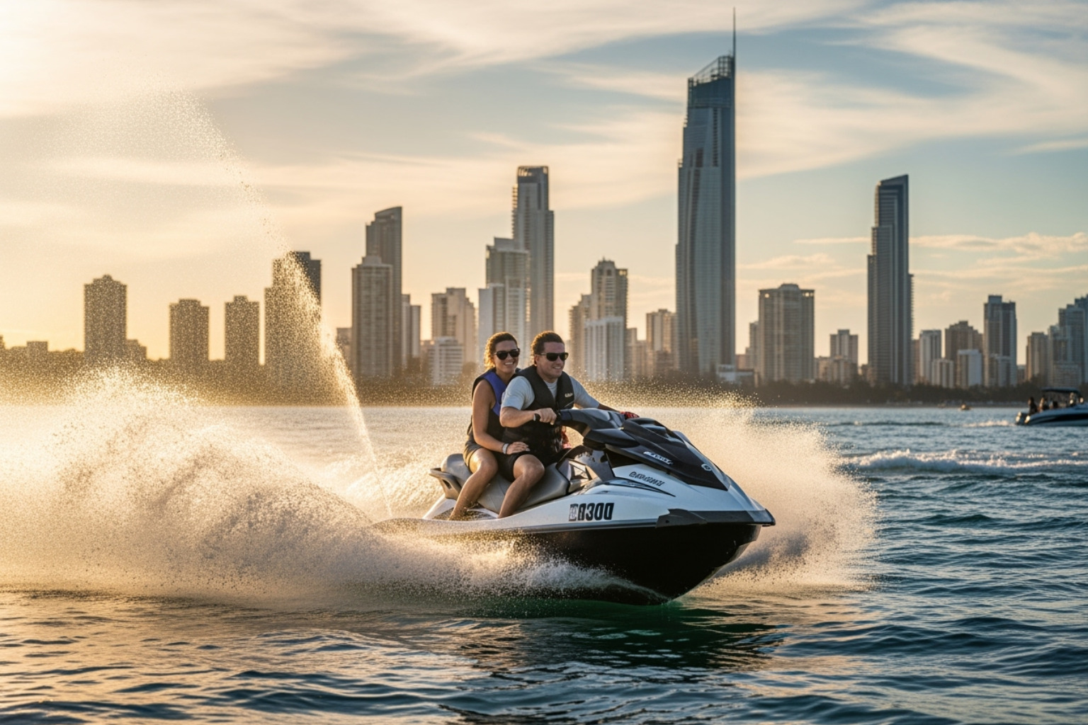 Two people on a jet ski speeding across the water with the Gold Coast skyline in the background - gold coast watersports