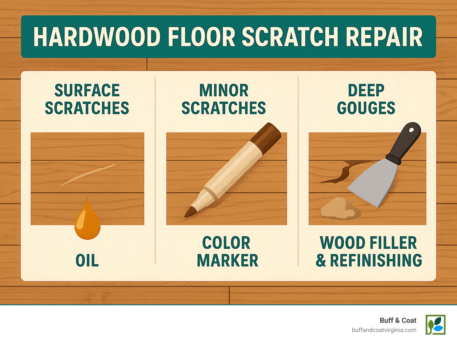 Infographic showing three levels of hardwood floor scratch repair: surface scratches requiring oil treatment, minor scratches needing color markers, and deep gouges requiring wood filler and refinishing - hardwood floor scratch repair infographic Infographic showing three levels of hardwood floor scratch repair: surface scratches requiring oil treatment, minor scratches needing color markers, and deep gouges requiring wood filler and refinishing - hardwood floor scratch repair infographic