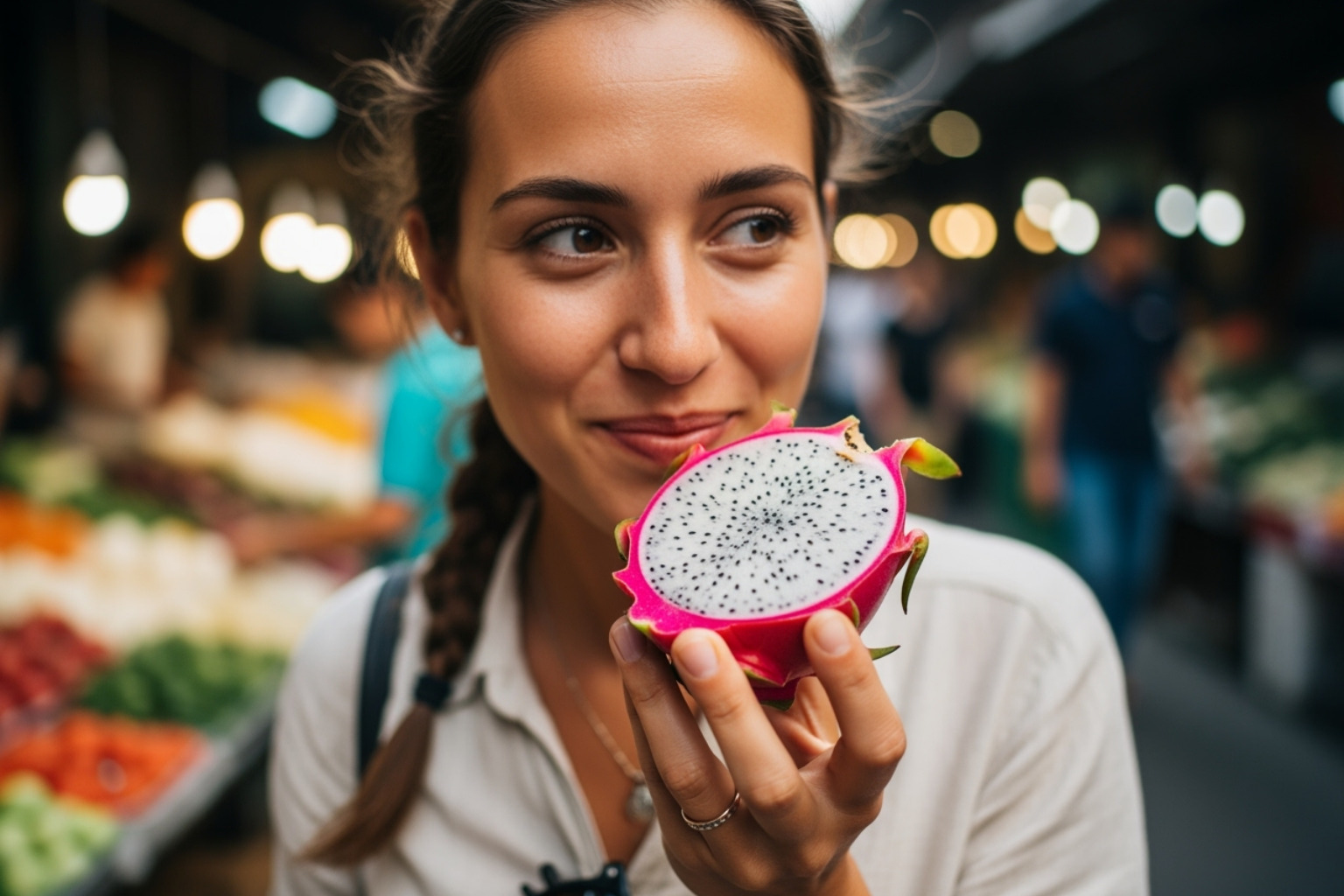 A traveler with a wide smile, holding a brightly colored, exotic fruit they are about to try for the first time, with a blurred background of a vibrant market - Cultural food experiences