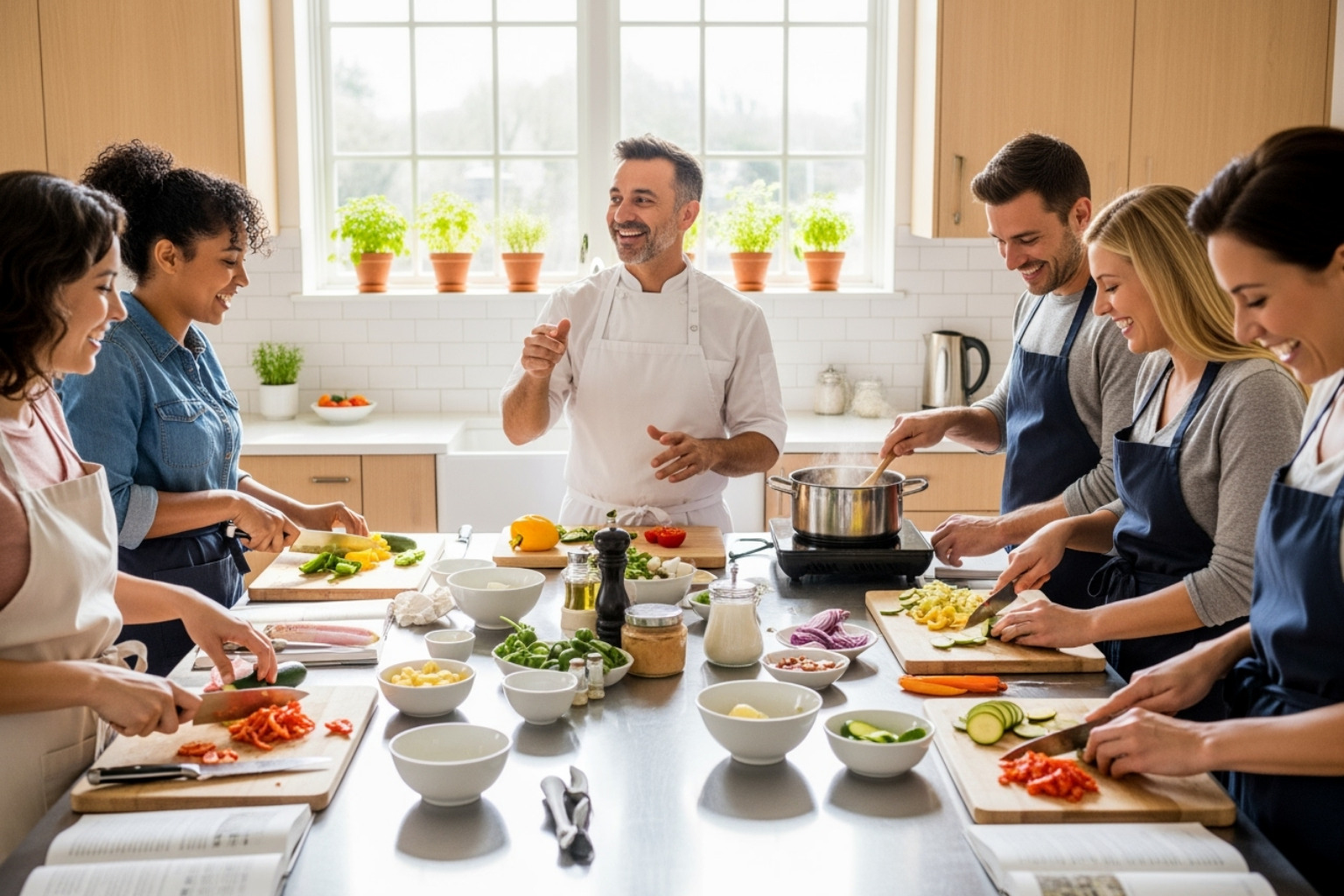 A group of excited travelers gathered around a kitchen counter, actively participating in a cooking class, chopping vegetables and stirring ingredients under the guidance of a local chef - Cultural food experiences