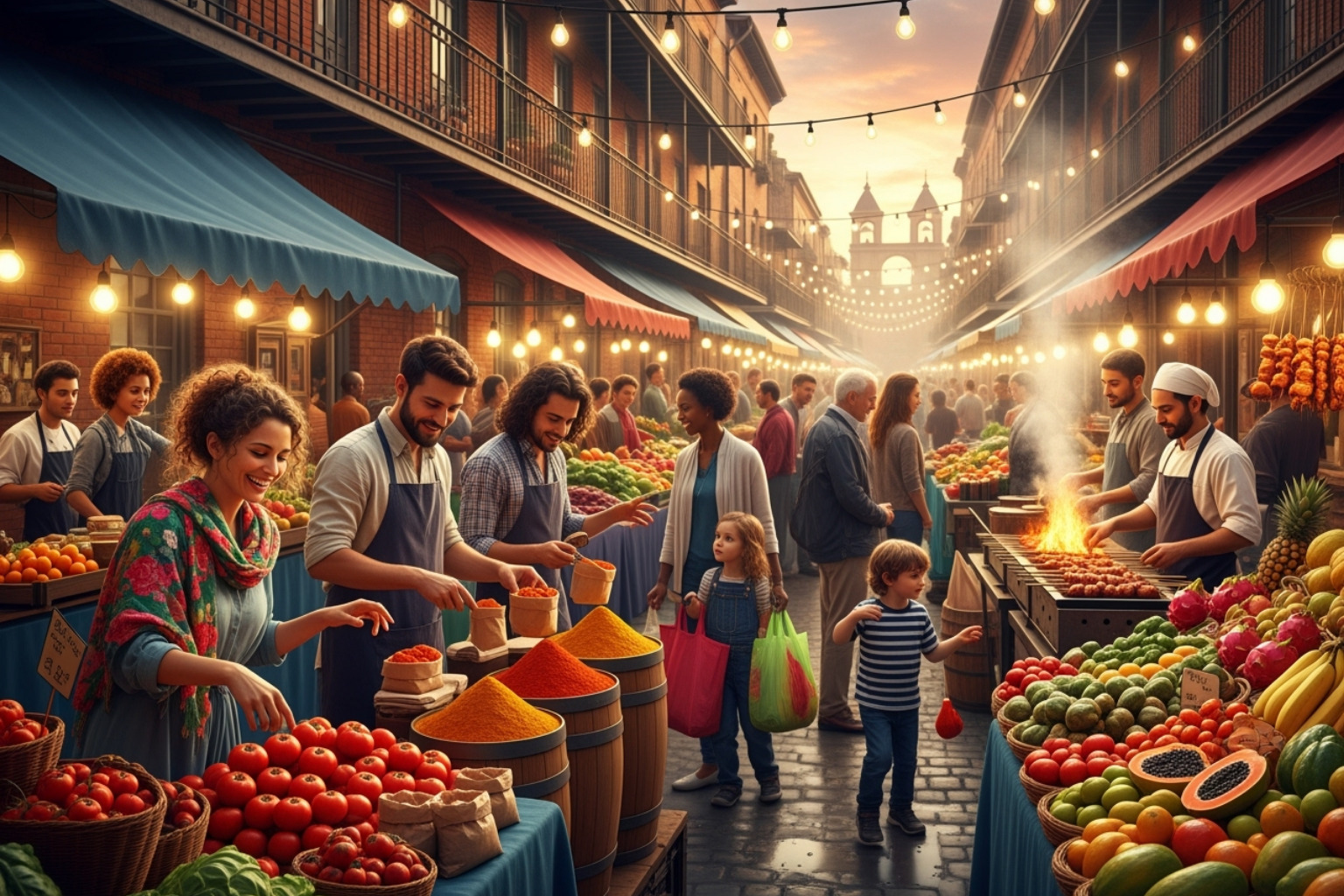 A busy street market scene, with vendors selling fresh produce, spices, and street food, and people mingling and shopping - Cultural food experiences