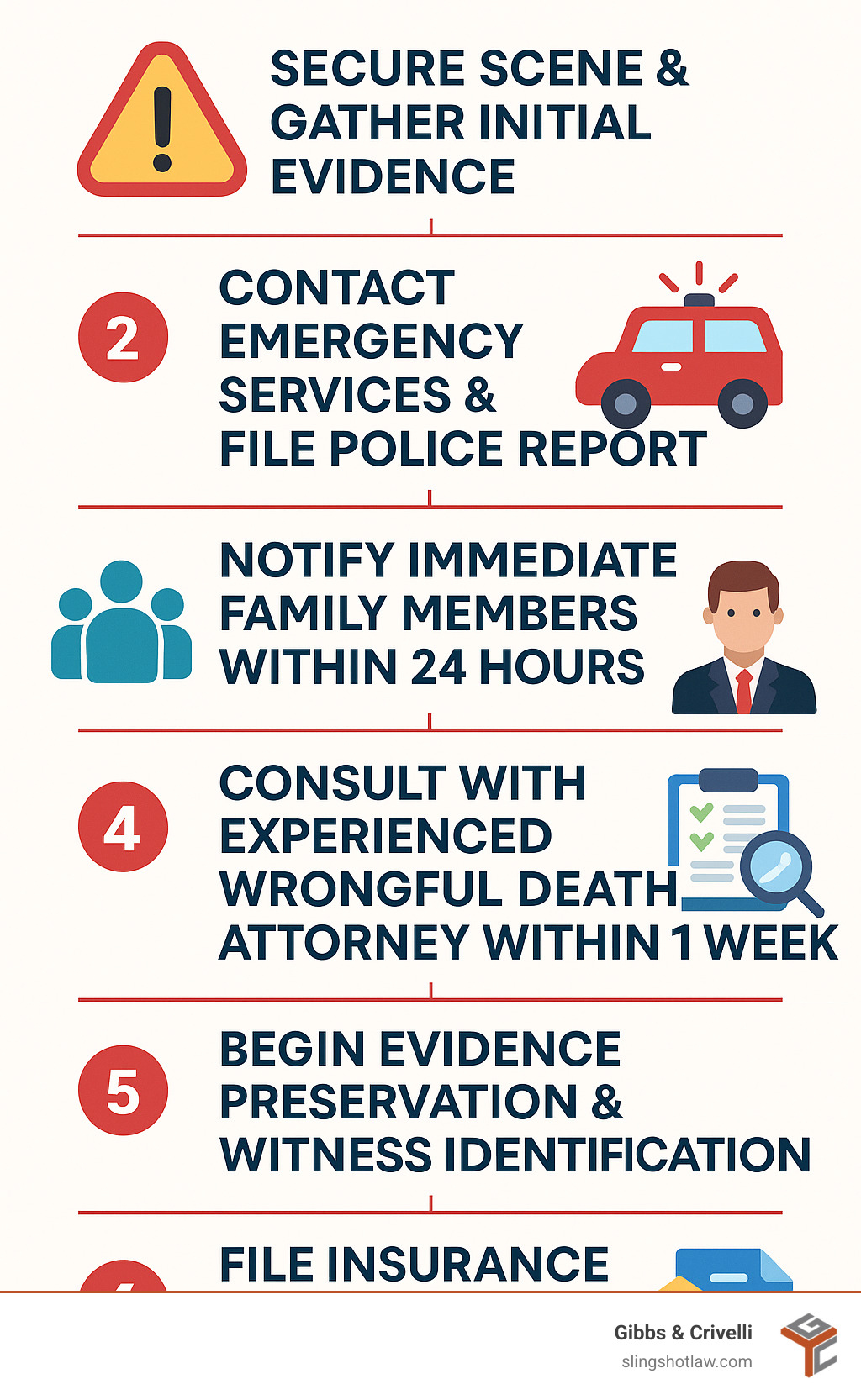 Infographic showing the immediate steps after a wrongful death in Austin: 1) Secure the scene and gather initial evidence, 2) Contact emergency services and file police report, 3) Notify immediate family members within 24 hours, 4) Consult with experienced wrongful death attorney within 1 week, 5) Begin evidence preservation and witness identification, 6) File insurance claims and avoid early settlement offers, 7) Understand the 2-year statute of limitations deadline - wrongful death attorney austin infographic 