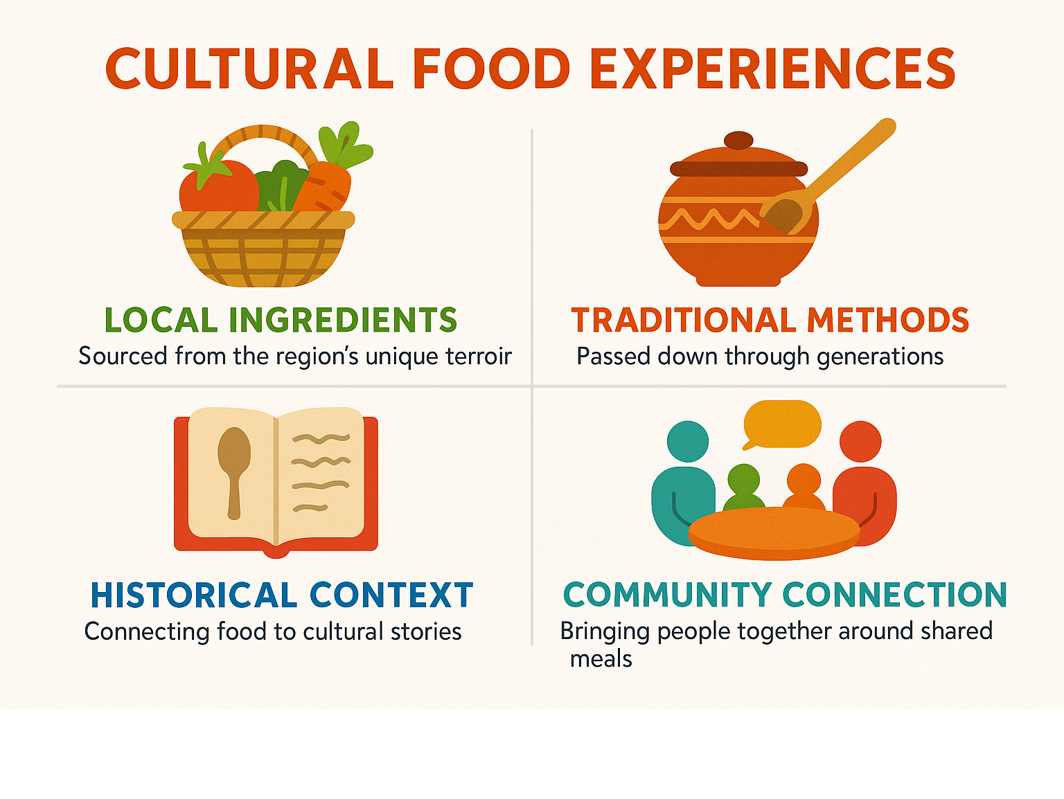 Infographic showing the four pillars of cultural food experiences: Local Ingredients sourced from the region's unique terroir, Traditional Methods passed down through generations, Historical Context connecting food to cultural stories, and Community Connection bringing people together around shared meals - Cultural food experiences infographic 