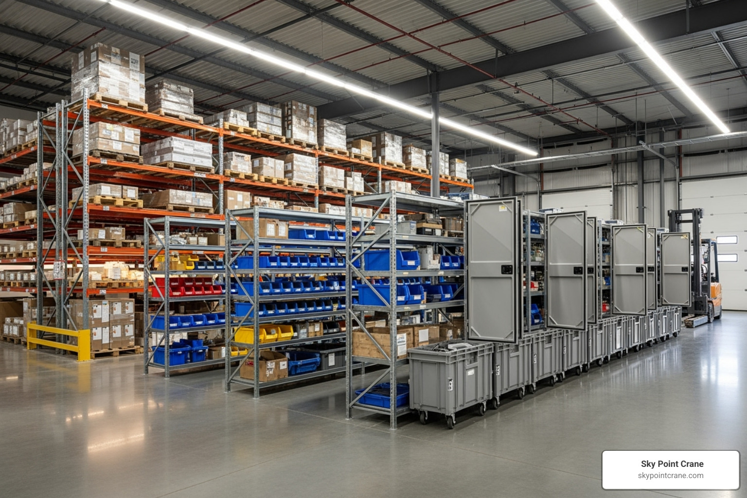 different storage solutions side-by-side, like pallet racking, shelving units, and mobile containers - commercial storage solutions