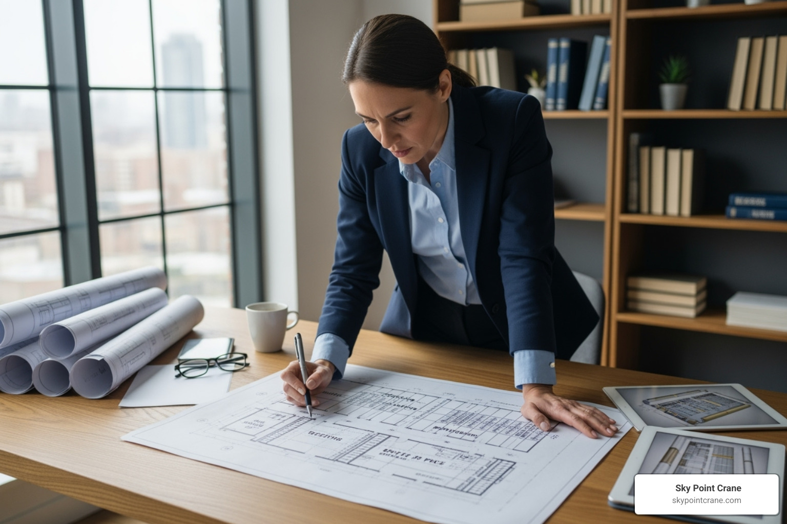 business owner planning a warehouse layout on a blueprint - commercial storage solutions
