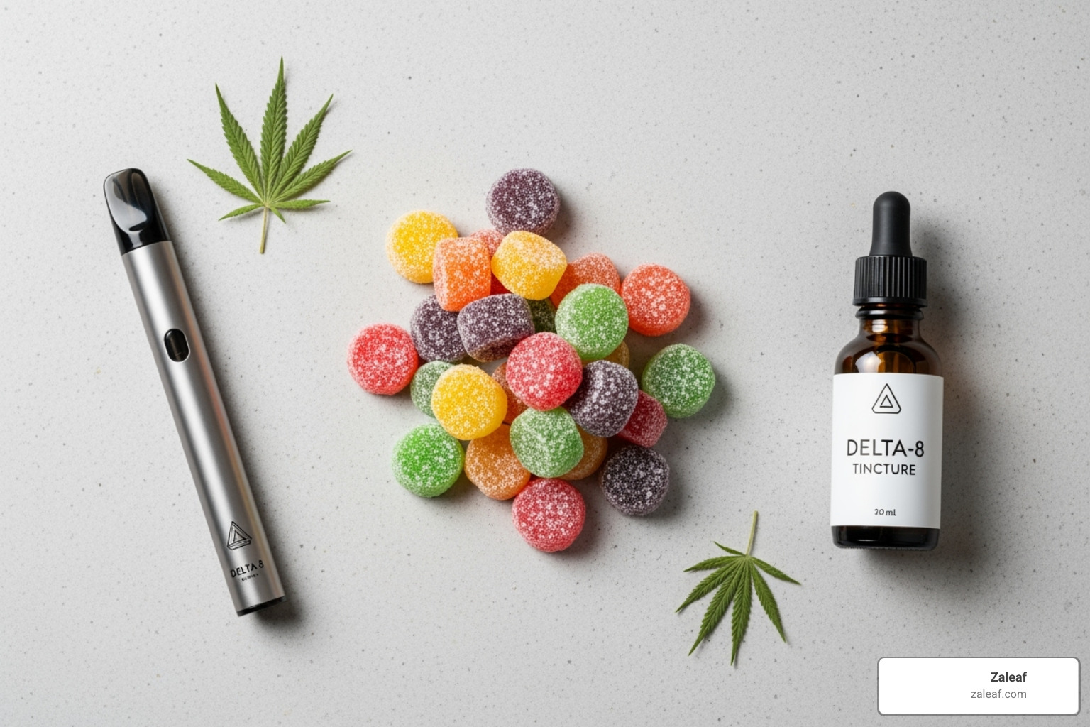 stylish flat-lay of various Delta-8 products like gummies, a vape pen, and a tincture bottle - d8