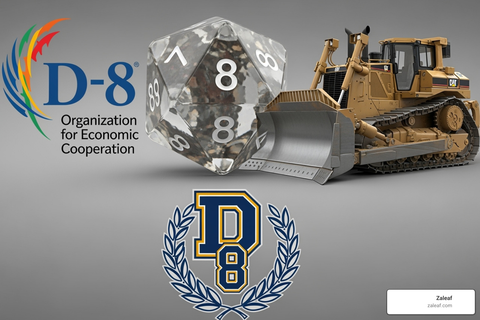 A collage image showing a D8 die, the D-8 Organization logo, a Caterpillar D8 bulldozer, and a sports team logo for District 8 - d8